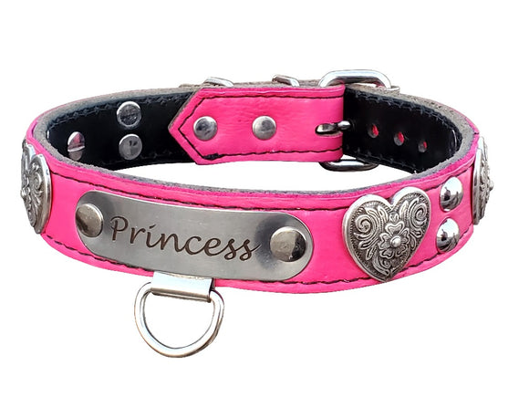  Leather Bondage Collar with Name Plate and Hearts 