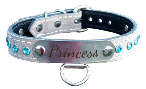 Grey Suede Bondage Collar With Name Plate And Crystals