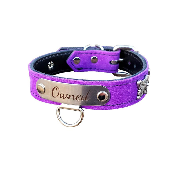 Pre-Made Suede Leather BDSM Owned Name Collar 12-1/2" to 14-1/2"