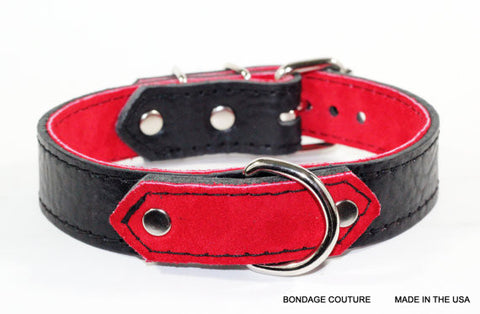 Black and Red Suede and Leather Bondage Collar, BDSM Collar - Bondage Couture