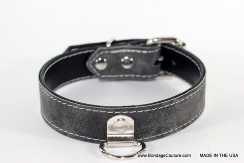 Dark Grey Leather BDSM Collar, bondage collar - Bondage Couture