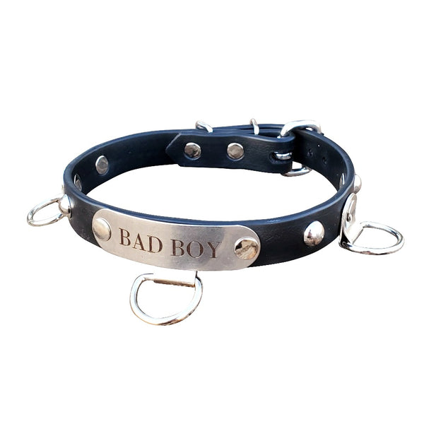 Custom Bioflex Bondage Collar With Multiple Rings is handmade in California. Made with indestructible pliable TPU material that is waterproof and has a personalized engraved name plate