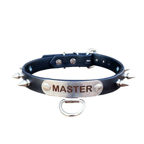 Black Bondage Collar With Master Name Plate And 1/2" Spikes