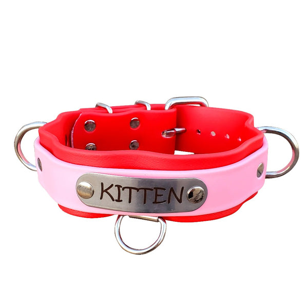 Dual Layer Bondage Red & Pink Kitten Collar 
