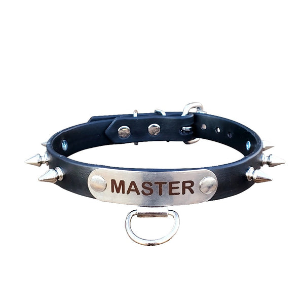 Pre-Made Bondage Collar With Master Name Plate And 1/2" Spikes 13-1/2" to 15-1/2"