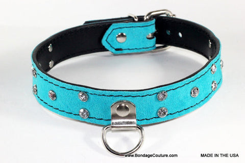 Turquoise Suede BDSM Collar with Crystals