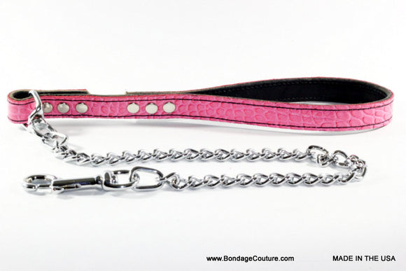 Pink Croc Embossed Leather Chain Leash