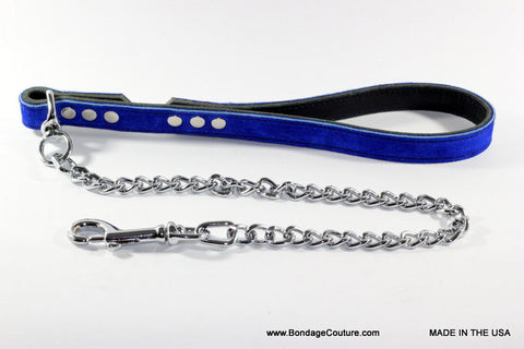 Blue Suede Leather Leash with Chain - Bondage Couture