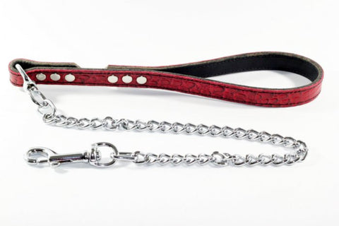 Red Gator Embossed Leather Leash with Chain - Bondage Couture
