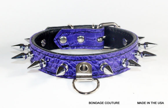 Spiked Purple croc Leather Bondage Collar