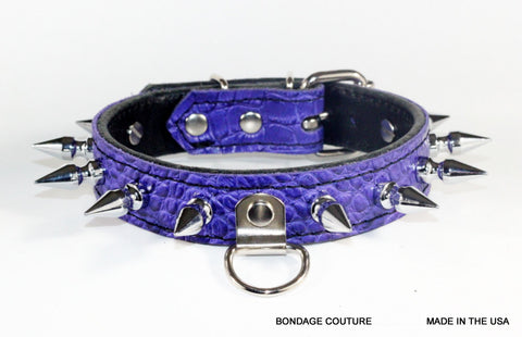 Spiked Purple Leather Bondage Collar