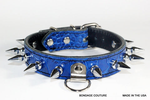 Spiked Blue Gator Embossed Leather Bondage Collar